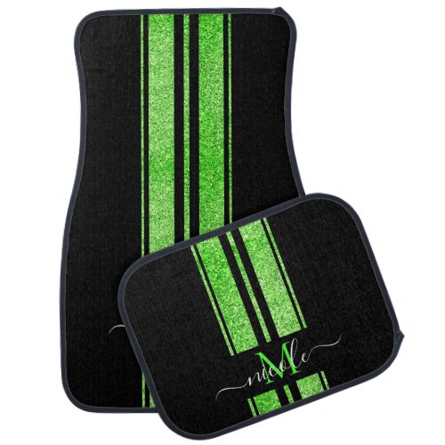 Neon Lime Green Glitter  Black Stripe Monogrammed Car Floor Mat