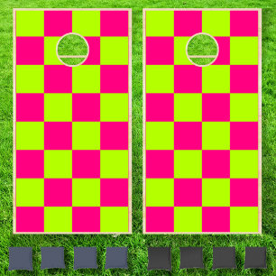 Neon Lime Pink Checkerboard Vintage Cornhole Set