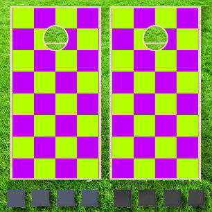 Neon Lime Purple Checkered Checkerboard Cornhole Set