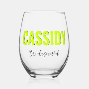 Neon Lime Yellow 3D Elegant Name Bridesmaid Stemless Wine Glass