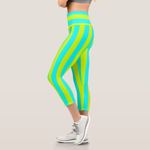 Neon Lime Yellow and Neon Cyan Cool Striped Capri Leggings