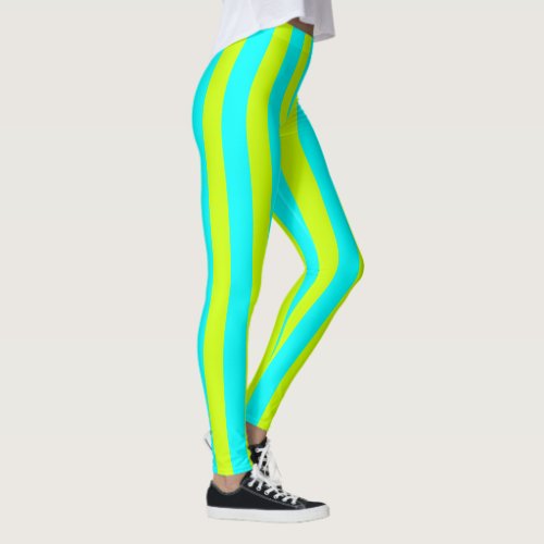 Neon Lime Yellow and Neon Cyan Cool Striped Leggings
