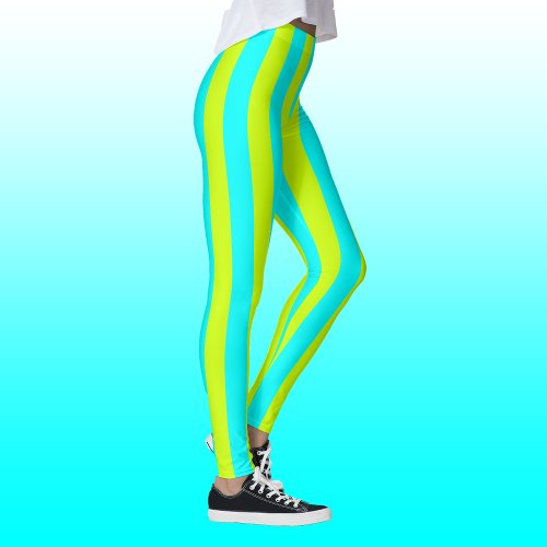 Neon Lime Yellow and Neon Cyan Cool Striped Leggings