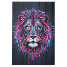 Neon Lion Face on Wooden Background – Vibrant & Mo