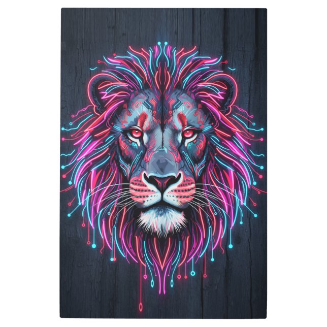 Neon Lion Face on Wooden Background – Vibrant & Mo Metal Print (Front)