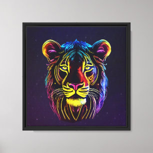 Neon Lion Face Stretched Canvas Print