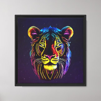 Neon Lion Face Stretched Canvas Print