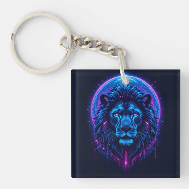 Neon Lion Illustration with Geometric Shapes Keychain (Front)