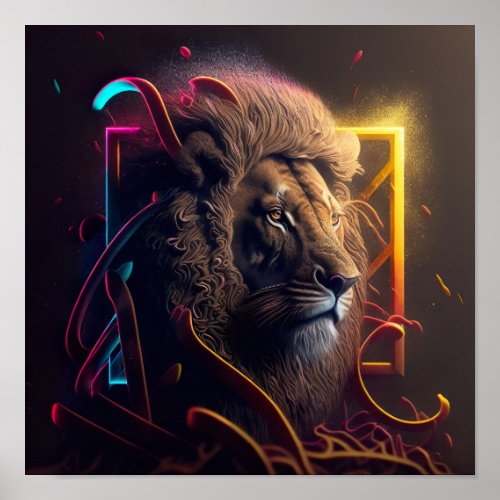Neon Lion _ Motivational Graffiti Style Realism Ca Poster