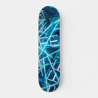 Neon-lit blue letters and lines skateboard