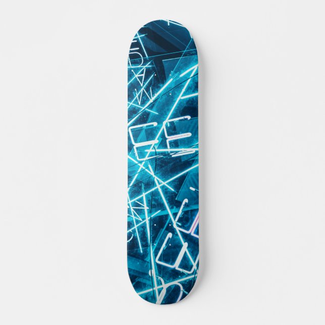 Neon-lit blue letters and lines skateboard (Front)