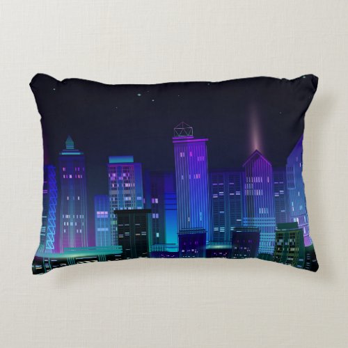 Neon_lit futuristic cityscape night panorama accent pillow
