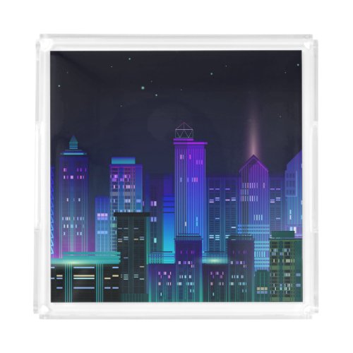 Neon_lit futuristic cityscape night panorama acrylic tray
