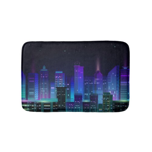 Neon_lit futuristic cityscape night panorama bath mat