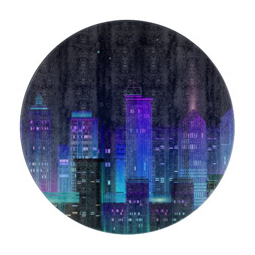 Neon_lit futuristic cityscape night panorama cutting board