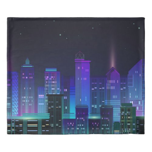 Neon_lit futuristic cityscape night panorama duvet cover