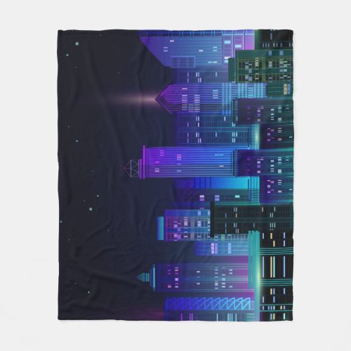 Neon_lit futuristic cityscape night panorama fleece blanket