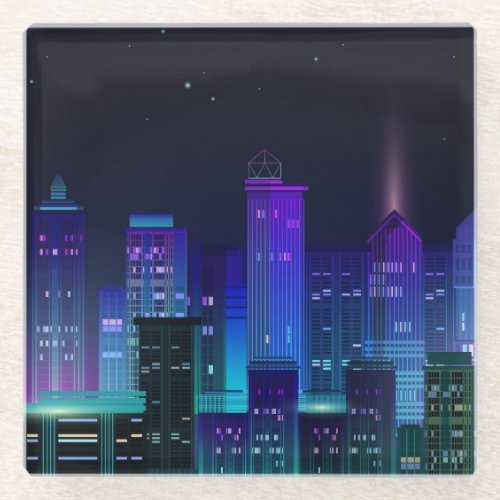 Neon_lit futuristic cityscape night panorama glass coaster