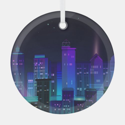 Neon_lit futuristic cityscape night panorama glass ornament
