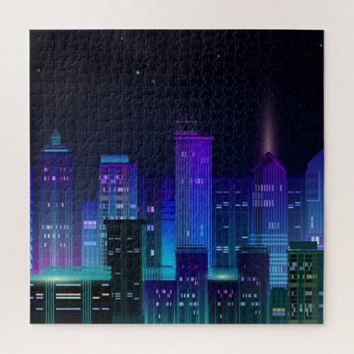 Neon_lit futuristic cityscape night panorama jigsaw puzzle