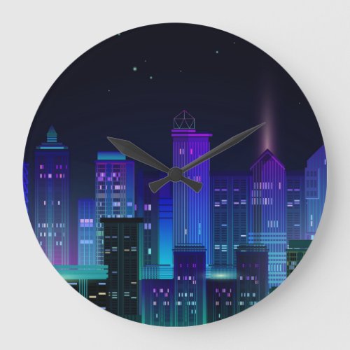Neon_lit futuristic cityscape night panorama large clock
