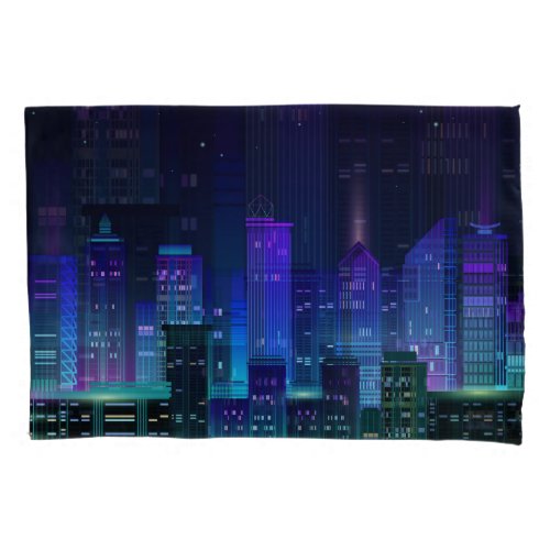 Neon_lit futuristic cityscape night panorama pillow case