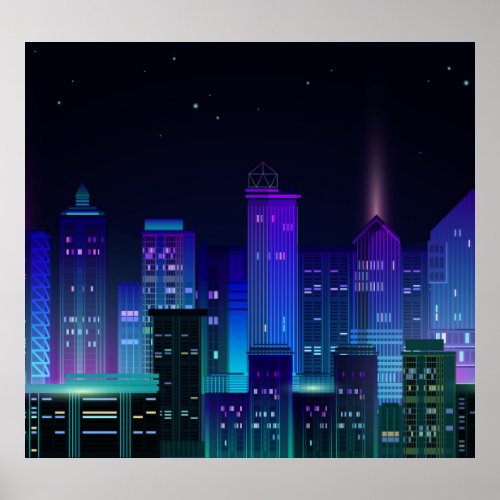 Neon_lit futuristic cityscape night panorama poster