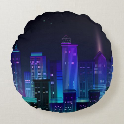 Neon_lit futuristic cityscape night panorama round pillow