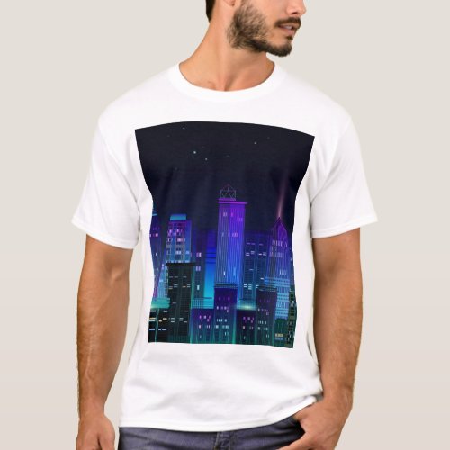 Neon_lit futuristic cityscape night panorama T_Shirt