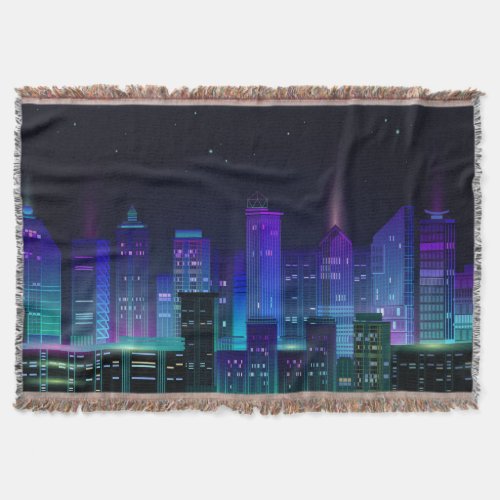 Neon_lit futuristic cityscape night panorama throw blanket