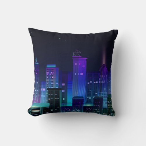 Neon_lit futuristic cityscape night panorama throw pillow