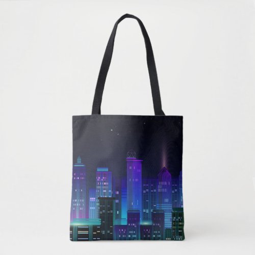 Neon_lit futuristic cityscape night panorama tote bag