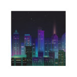 Neon-lit futuristic cityscape, night panorama wood wall art