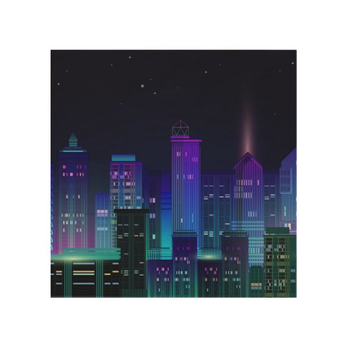 Neon_lit futuristic cityscape night panorama wood wall art