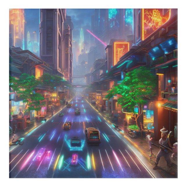 Neon-Lit World of Cyberpunk Bangkok  Acrylic Print (Front)