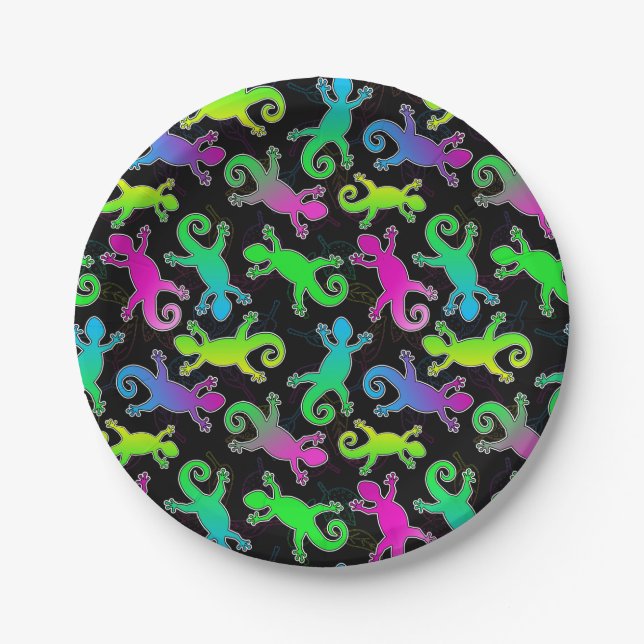 Neon Lizard and Leaf Pattern Paper Plates (Front)