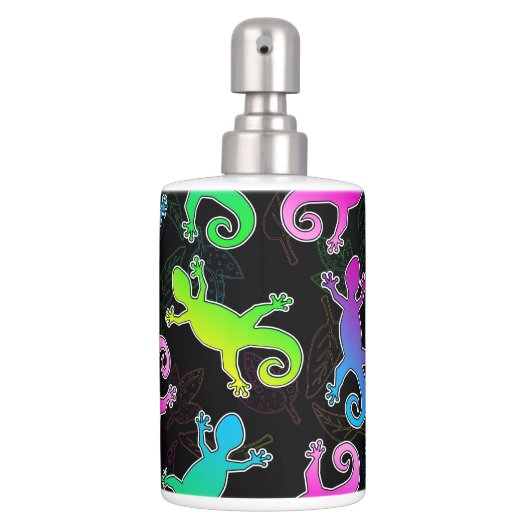 Neon Lizard and Leaf Pattern Soap Dispenser And Toothbrush Holder (Front)