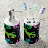 Neon Lizard and Leaf Pattern Soap Dispenser And Toothbrush Holder (Front)