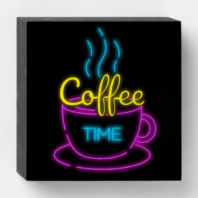 NEON LOOK ART COFFEE TIME WOOD KITCHEN SIGN  (Front Horizontal)