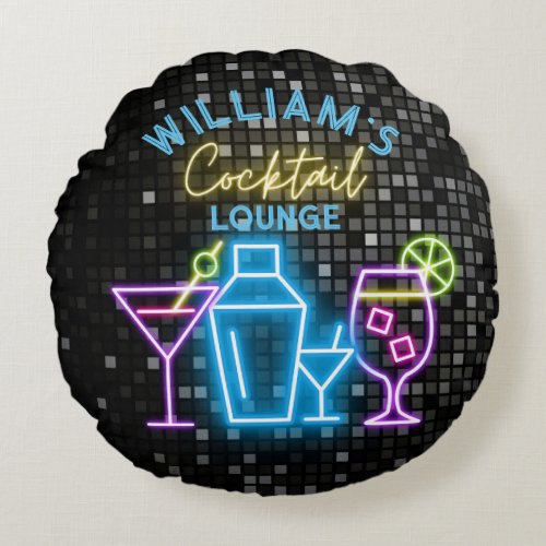 Neon Look Retro Cocktail Lounge Bar  Round Pillow
