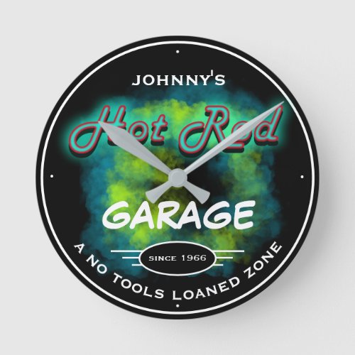 Neon Look Smoke Hot Rod Garage No Tools Round Clock