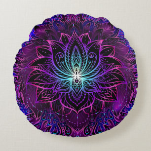 Neon Lotus Flower Boho Print Round Pillow