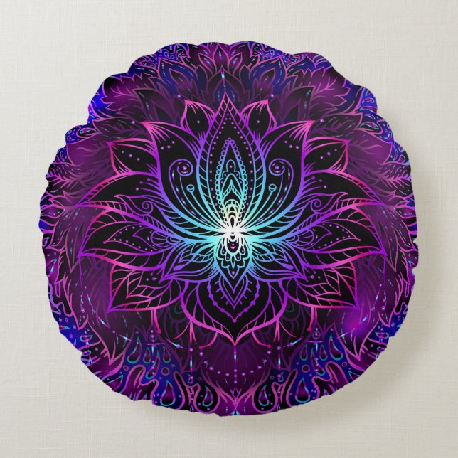 Neon Lotus Flower Boho Print Round Pillow (Front)