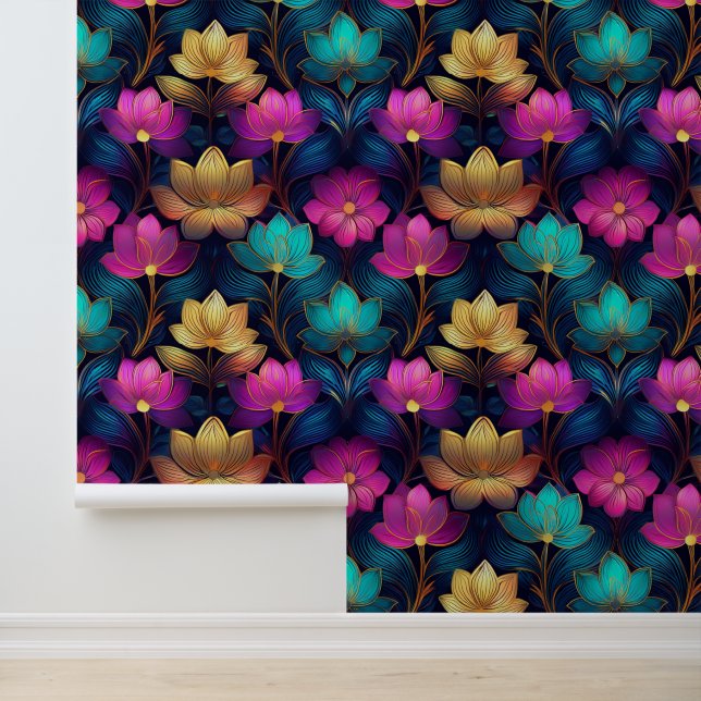 Neon Lotus Flowers Pink Teal Gold Floral Abstract Wallpaper (Application)