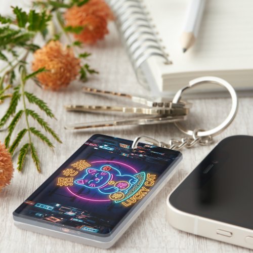 Neon Lucky Cat – Japanese Street Maneki Neko Keychain