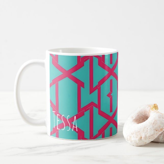 Neon Magenta and Turquoise Geometric Pattern Coffee Mug (With Donut)