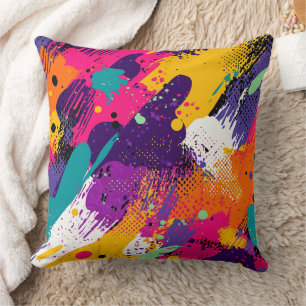 Neon Magenta Purple Grunge Paint Splatter Throw Pillow