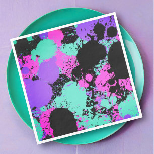 Neon Magenta Purple Teal Paint Splatter Birthday Napkins