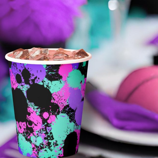 Neon Magenta Purple Teal Paint Splatter Birthday Paper Cups (Creator Uploaded)
