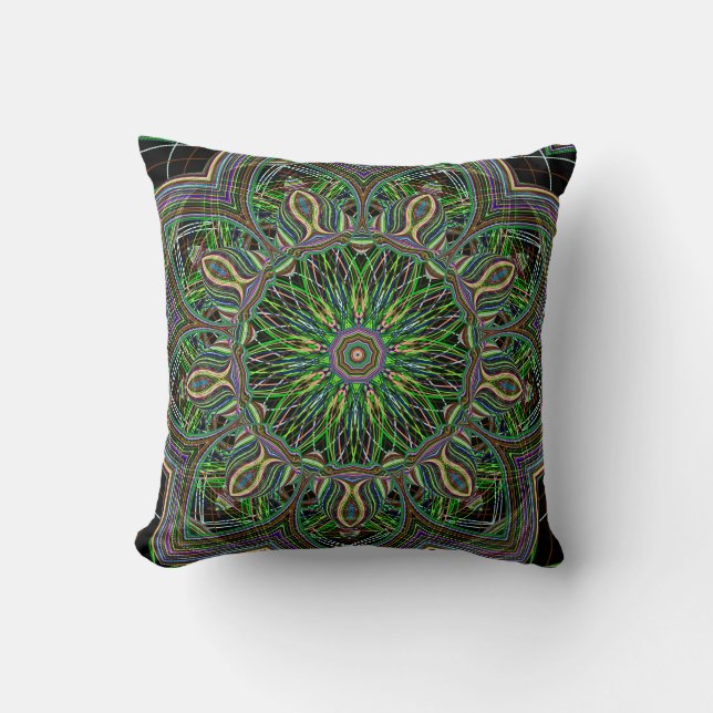 Neon Mandala Geometric Pattern Throw Pillow (Front)